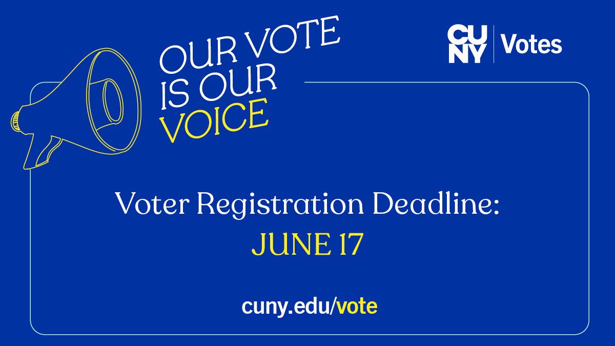 CUNY students know better than anyone what kind of leadership is needed to help New York City! Make sure you get out and vote. 

⏰ Early voting: June 17-25
🗳️ Election Day: June 27
📍 Find your poll site: findmypollsite.vote.nyc