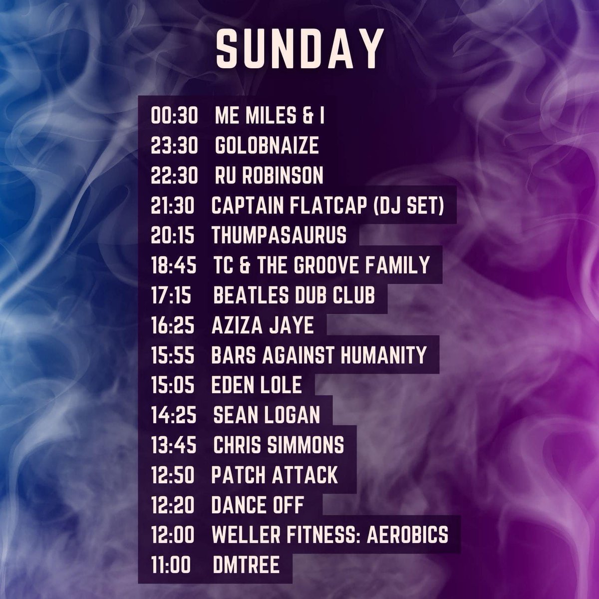 The Beatles Dub Club (@beatlesdubclub) on Twitter photo Full set times for <a href="/CirqueDeLaQuirk/">Cirque de la Quirk</a> at <a href="/IsleOfWightFest/">Isle of Wight Festival</a> have dropped and Sunday looking 🔥🔥🔥
What a line up - <a href="/GrooveTc/">TC & The Groove Family</a> with <a href="/Franzvon/">Franz Von</a>, <a href="/CaptainFlatcap/">Captain Flatcap</a>, <a href="/AzizaJaye/">Aziza Jaye</a>, <a href="/Thumpasaurusyes/">Thumpasaurus</a> and loads more! 🎉 Full set times for <a href="/CirqueDeLaQuirk/">Cirque de la Quirk</a> at <a href="/IsleOfWightFest/">Isle of Wight Festival</a> have dropped and Sunday looking 🔥🔥🔥
What a line up - <a href="/GrooveTc/">TC & The Groove Family</a> with <a href="/Franzvon/">Franz Von</a>, <a href="/CaptainFlatcap/">Captain Flatcap</a>, <a href="/AzizaJaye/">Aziza Jaye</a>, <a href="/Thumpasaurusyes/">Thumpasaurus</a> and loads more! 🎉