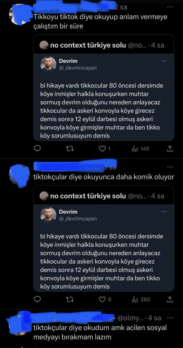 Alıntıların tamamına yakını tikko'yu tiktok diye okuyup tweeti öyle yorumlamış. Güldüm mlsf. 🙊🎶