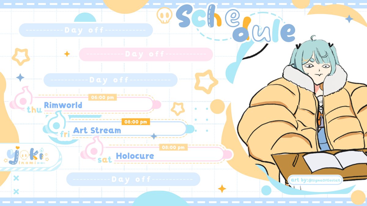 【SCHEDULE 6/12-06/18】
‼️ all times in EST
---

🎨- @\SigmaOfGestalt
 
Discord link: 
discord.gg/inamiyoki

#yokiLIVE