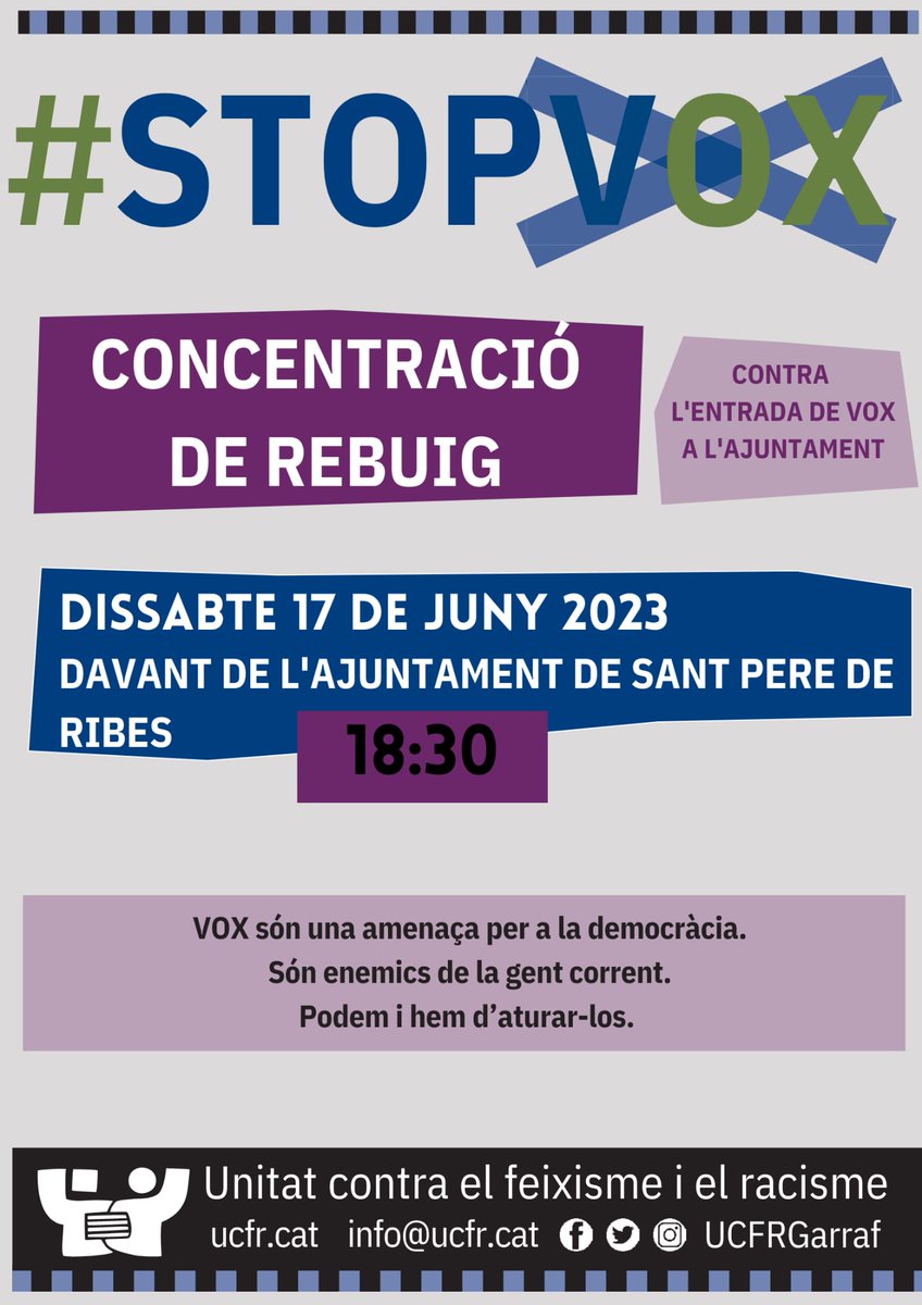 A RIBES, DISSABTE 17 A LES 18,30H
Rebutgem l'entrada dels discursos d'odi a l'Ajuntament
Exigim que no hi hagi cap diàleg ni concessió
Vine a i mostra el teu rebuig! Porta coses per fer soroll  (xiulets, cassoles o el que vulguis) i cartells o pancartes.
 #StopVOX