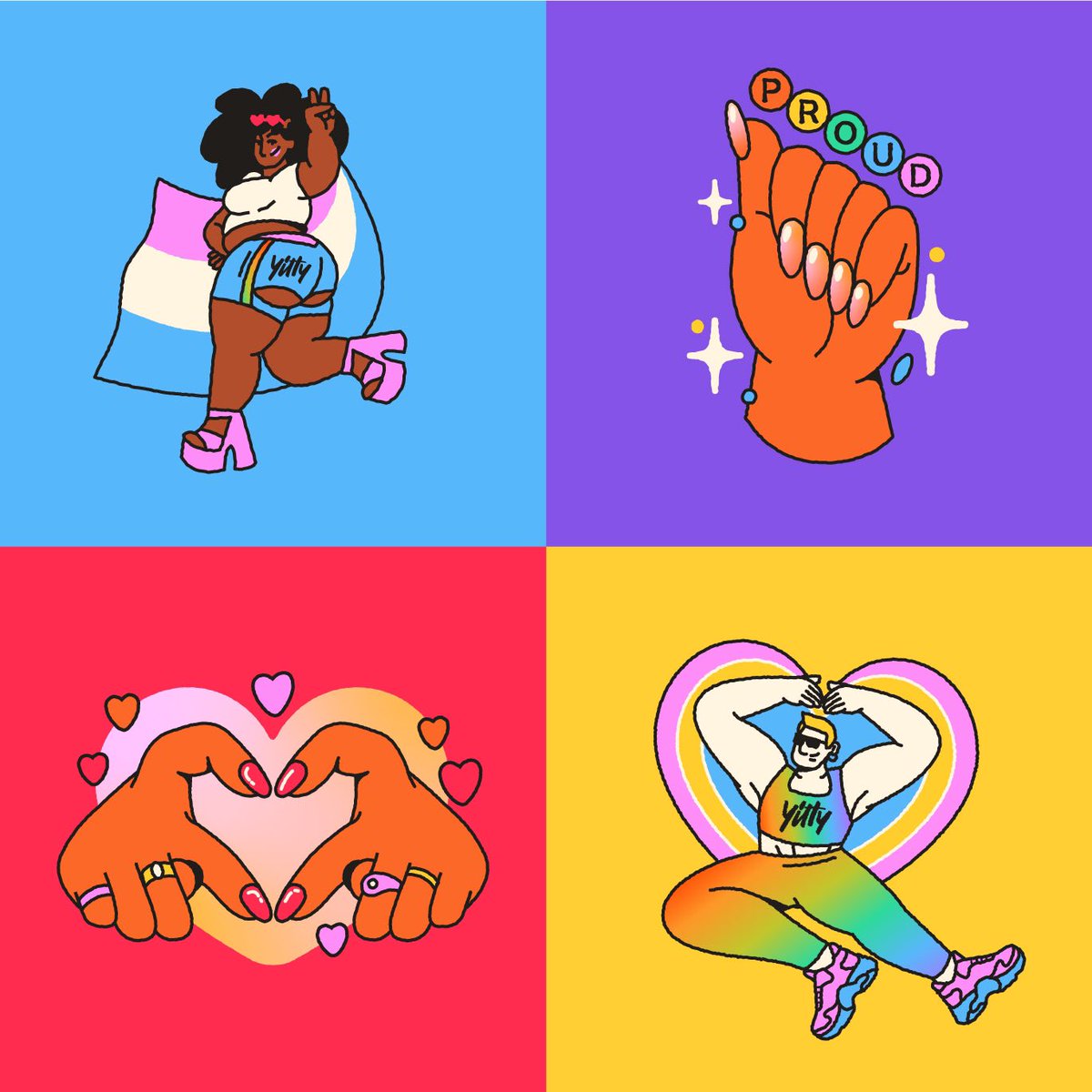 claracandelot's tweet photo. finalmente posso contar que ILUSTREI PRA MARCA DE ROUPA DA LIZZOOO ❤️🧡💛💚🩵💜 fiz um monte de gifs pra campanha de PRIDE da Yitty e o resultado completo tá no meu Behance: https://t.co/UYAg67LDFX https://t.co/zm9d9FUARQ