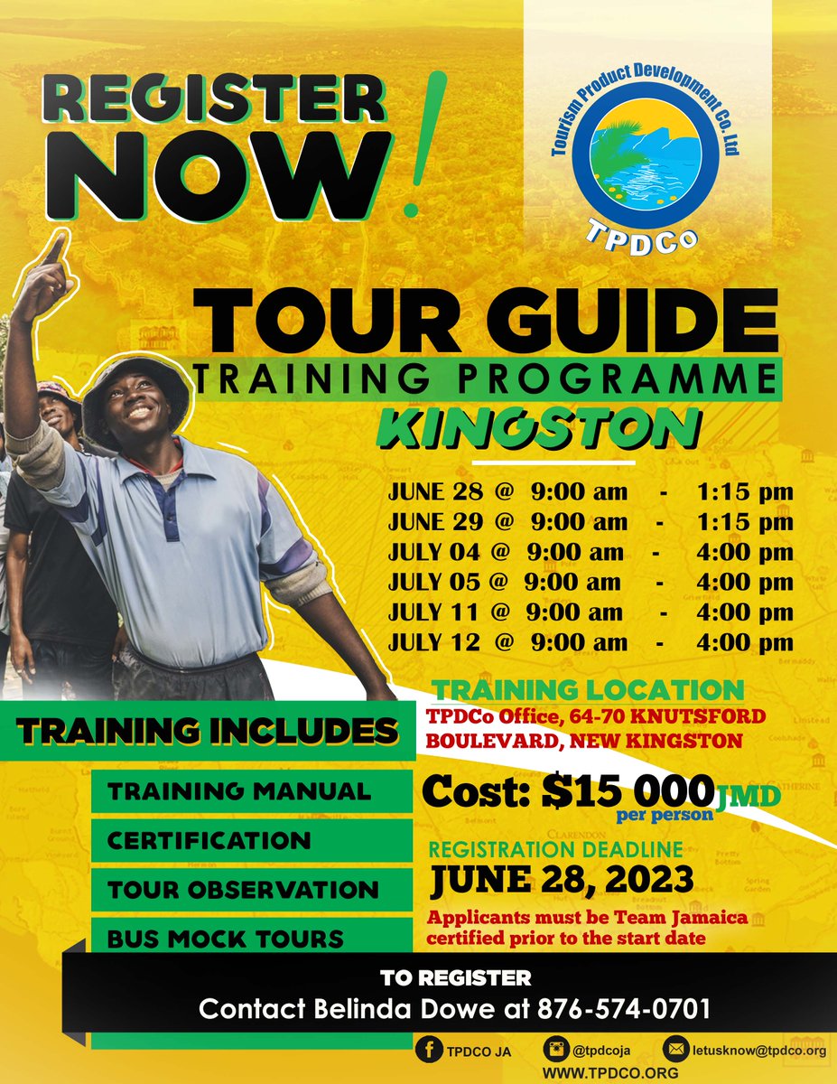 tpdcoja's tweet image. Join Belinda Dowe at the 📍 TPDco Office - #64-70 Knutsford Boulevard, New Kingston - June 28 - July 12, 2023 (weekend excluded) for a fun, informative and action-packed Tour Guide training that is sure to set you on a path to success.

#tpdcoja #tourguidetraining #tpdcotraining