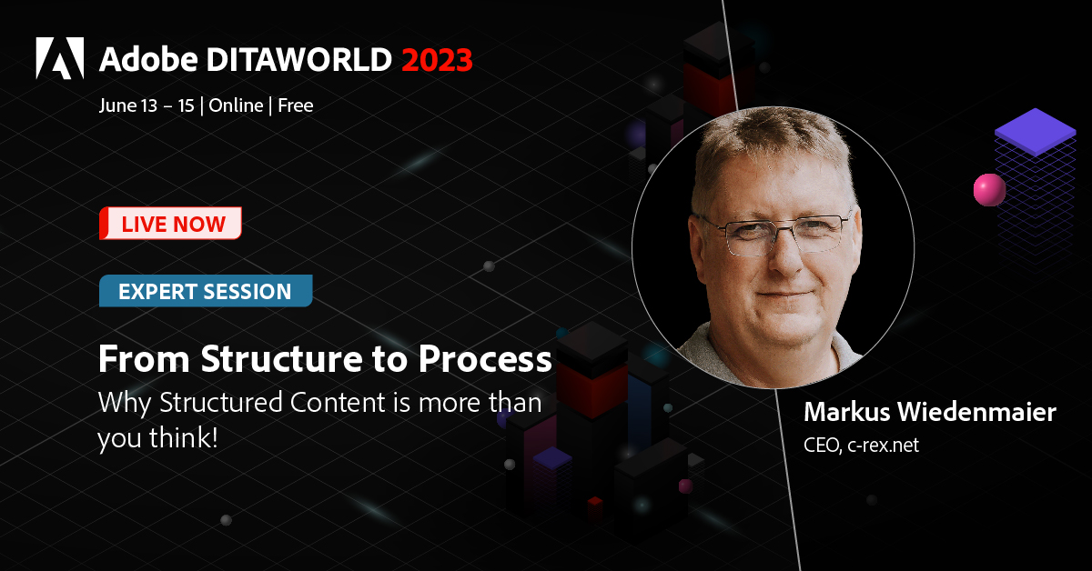 TechComm @ Adobe (@adobetcs) on Twitter photo LIVE NOW: There’s more to structured content than you imagined! Markus Wiedenmaier, CEO of c-rex.net will tell you why at <a href="/Adobe/">Adobe</a> #DITAWORLD …obe-dita-world.meetus.adobeevents.com/?utm_source=or… 
#techcomm #structuredcontent #contentstrategy LIVE NOW: There’s more to structured content than you imagined! Markus Wiedenmaier, CEO of c-rex.net will tell you why at <a href="/Adobe/">Adobe</a> #DITAWORLD …obe-dita-world.meetus.adobeevents.com/?utm_source=or… 
#techcomm #structuredcontent #contentstrategy