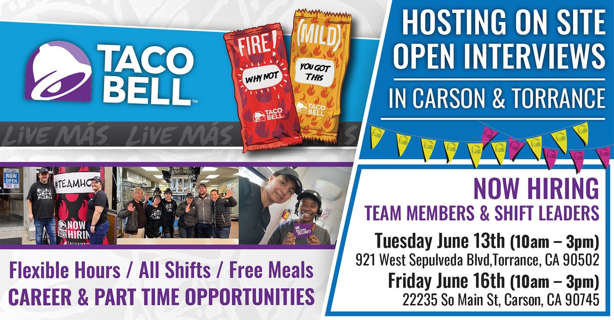 AlvaradoNation's tweet image. Looking for work in Carson or Torrance, CA? Lets Taco About it! ARN is hosting on site open interviews June 13th &amp;amp;16. Swing by to learn more. We hope to see you there! #openinterview #restaurantjobs #TacoBell #California #TorranceCA #CarsonCA