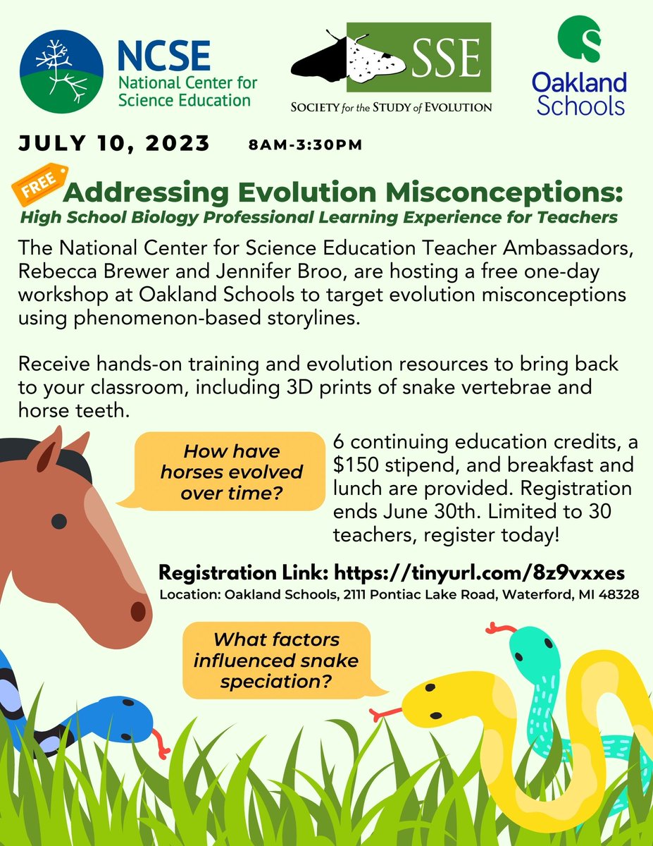 Rebecca Brewer (she/her) (@brewerbiology) on Twitter photo Michigan Teachers! <a href="/BrooBio/">Mrs. Broo</a> and I are hosting a workshop to address evolution misconceptions. Jen will be showcasing a horse evolution storyline she wrote and I will feature a snake speciation storyline I authored. Sponsored by <a href="/NCSE/">National Center for Science Education</a> & <a href="/sse_evolution/">SSE</a> tinyurl.com/xxvf336a Michigan Teachers! <a href="/BrooBio/">Mrs. Broo</a> and I are hosting a workshop to address evolution misconceptions. Jen will be showcasing a horse evolution storyline she wrote and I will feature a snake speciation storyline I authored. Sponsored by <a href="/NCSE/">National Center for Science Education</a> & <a href="/sse_evolution/">SSE</a> tinyurl.com/xxvf336a