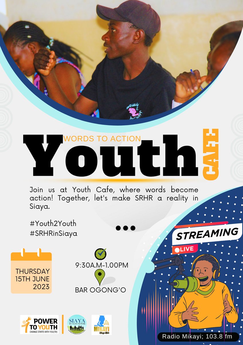 MuunganoCentre's tweet image. Warembo na Machali! We&apos;ve got the vibe! Join us this Thursday for an epic Youth Cafe event, where we go all-in to make SRHR a solid thing! Let&apos;s make it happen, coz ni Haki Yetu! Pia tutakwa LIVE on @RadioMikayi (103.8FM) under @Power2YouthKe 
#Youth2Youth #WordsToAction