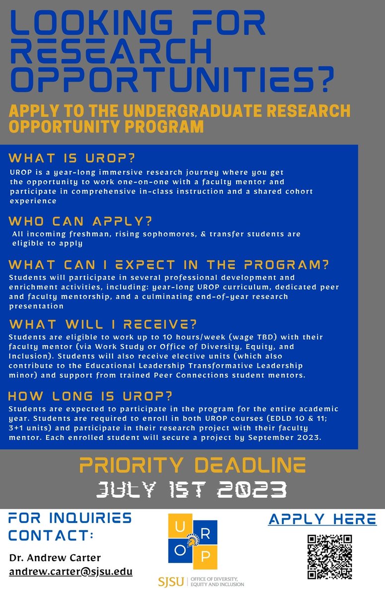 SJSU Office of Diversity (@diversitysjsu) on Twitter photo <a href="/SJSU/">San José State University</a> Students!!! Get research experience early in your SJSU journey while getting paid by at the same time by applying to UROP for the 23-24 academic year! Open to all incoming first-year students, rising sophomores, & transfer students. Apply: forms.gle/wsMwLgiCXbata6… <a href="/SJSU/">San José State University</a> Students!!! Get research experience early in your SJSU journey while getting paid by at the same time by applying to UROP for the 23-24 academic year! Open to all incoming first-year students, rising sophomores, & transfer students. Apply: forms.gle/wsMwLgiCXbata6…