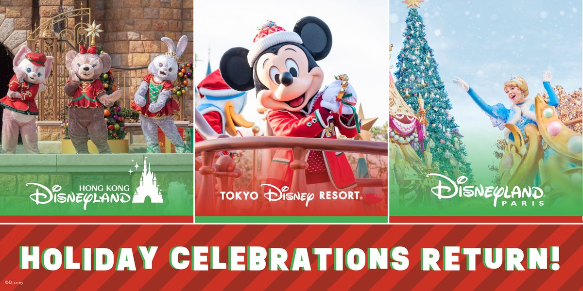 Holiday celebrations are returning to our international parks!

🎁 “Disney Enchanted Christmas” at @DisneyParis_EN: Nov. 11 to Jan. 7
 
🎄 “Disney Christmas” at Tokyo Disney Resort: Nov. 8 to Dec. 25
 
❄️ “A Disney Christmas” at Hong Kong Disneyland: Nov. to Dec. 2023