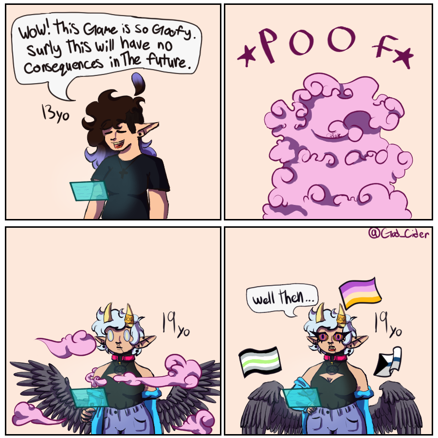 God_cider's tweet photo. realized a thing about myself and thought you know what lets make a lil comic.
#PrideMonth2023 #agender #trixic #demiaroace #furry #LGBTQ https://t.co/Zk0ZgPgV6t