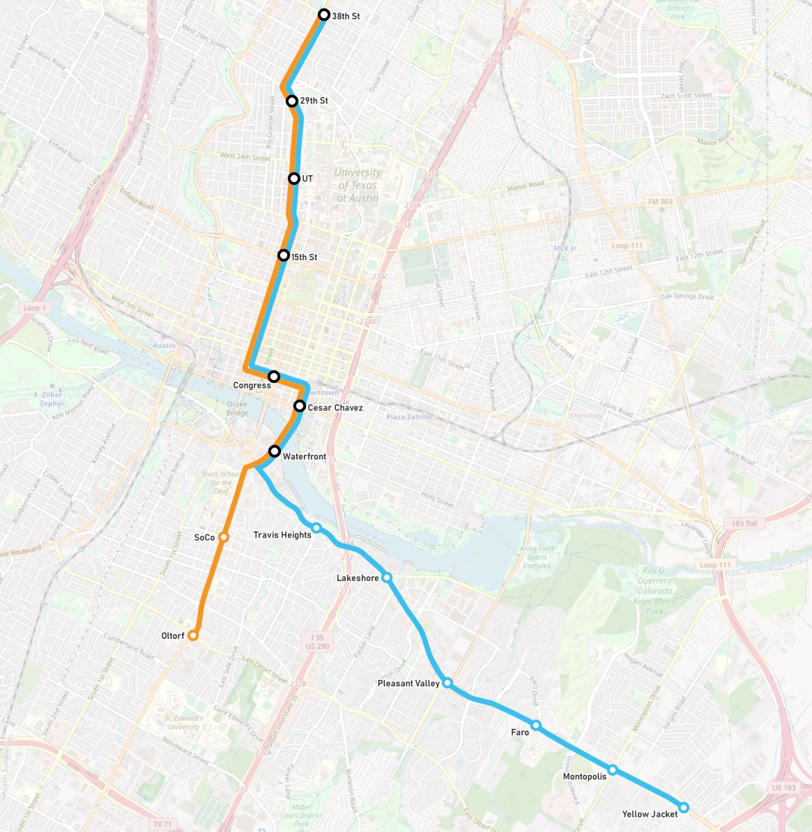 I made a new Project Connect map to show Phase I of Austin's upcoming light rail project, keeping the original line colors.