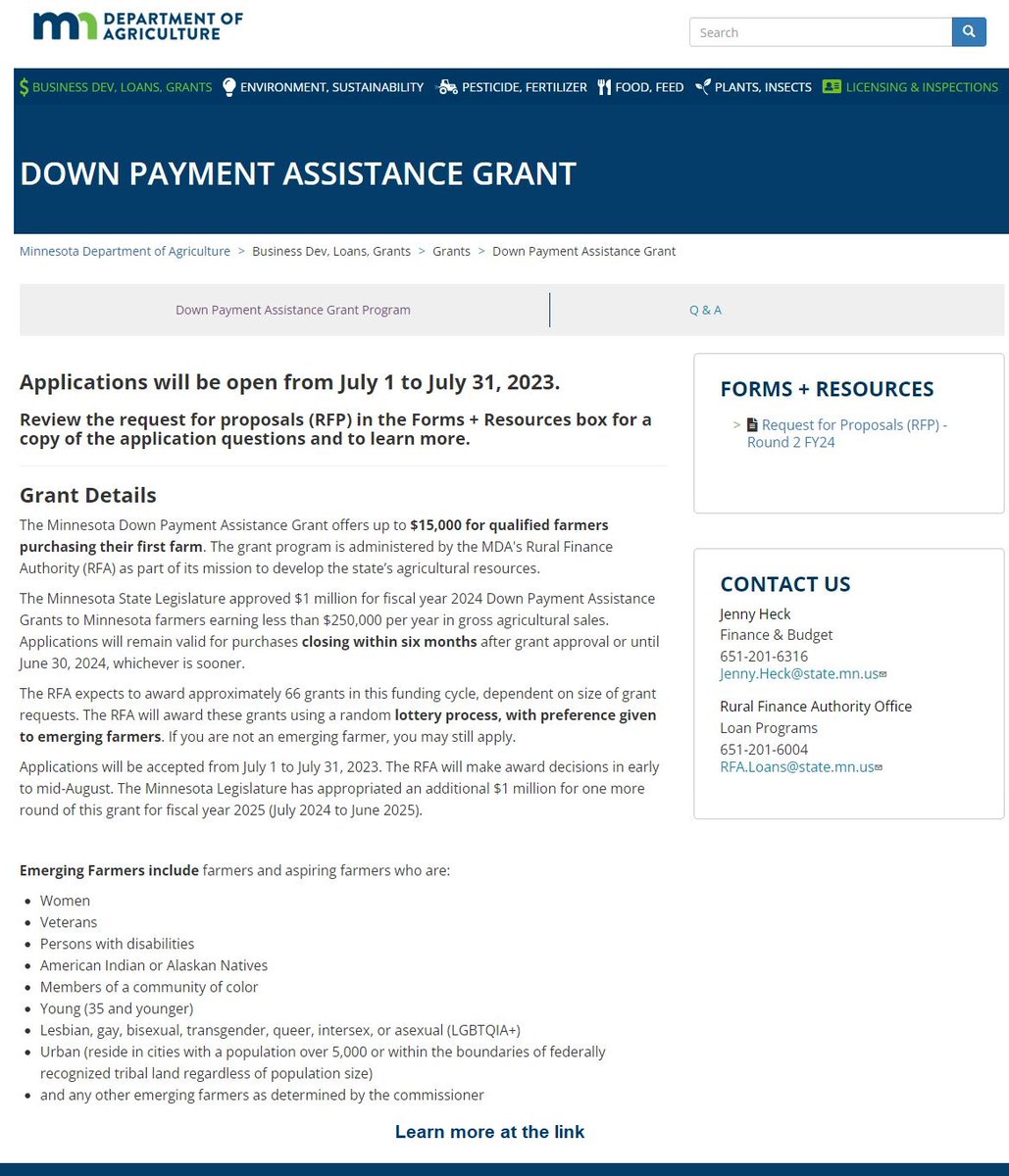 Emerging #farmers!
The @MNagriculture's #RuralFinanceAuthority announced that a second round of #funding for the Down Payment Assistance Grant Program will open on July 1, 2023:
mda.state.mn.us/funding-pool-d…

#MNag #MDA #RFA #grantfunding #Agriculture #AgBusiness