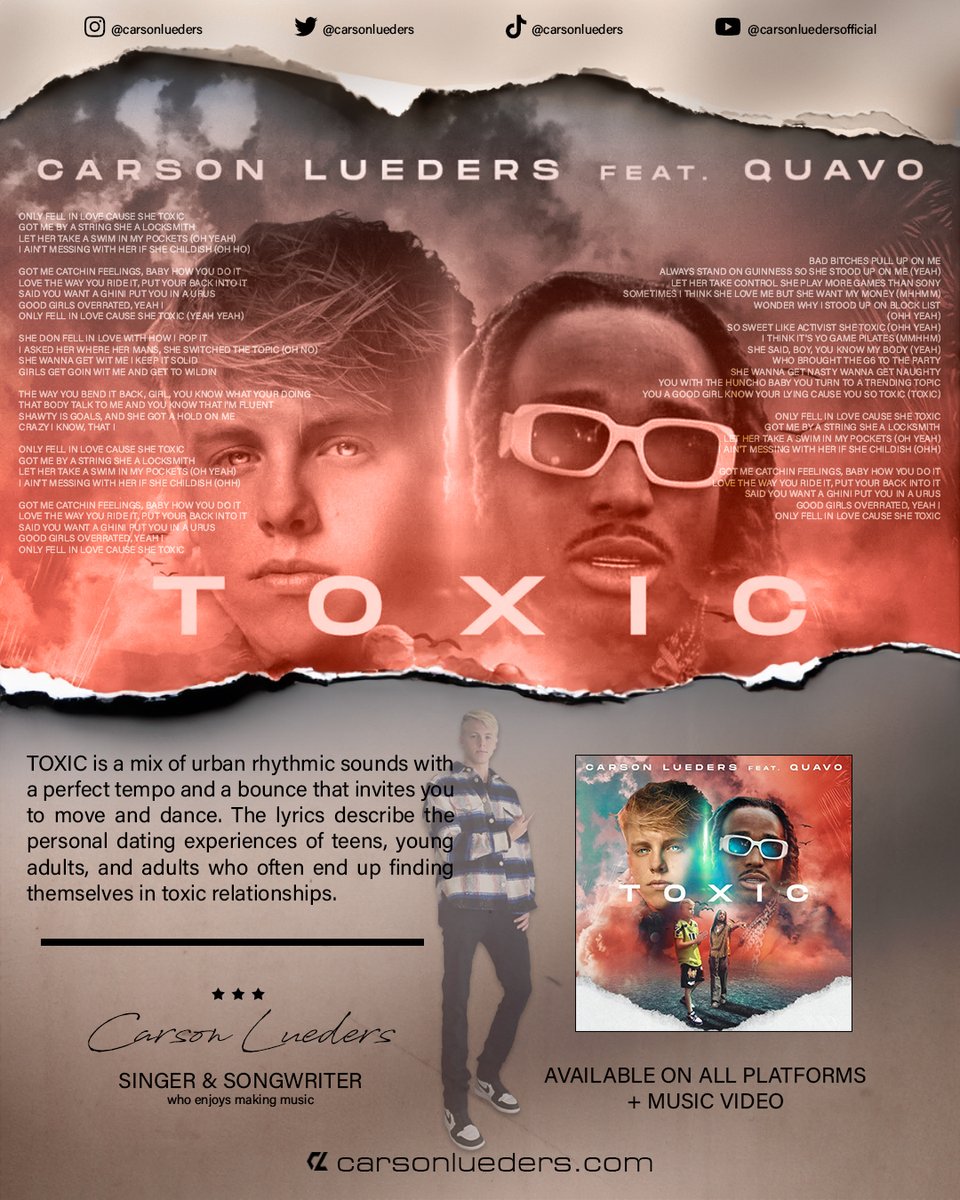 TOXIC ft. Quavo by @carsonlueders AVAILABLE ON ALL PLATFORMS + MUSIC VIDEO more info: carsonlueders.com request TOXIC at your favorite radio station 🔥 #carsonlueders #luedizers #YouTube #Spotify