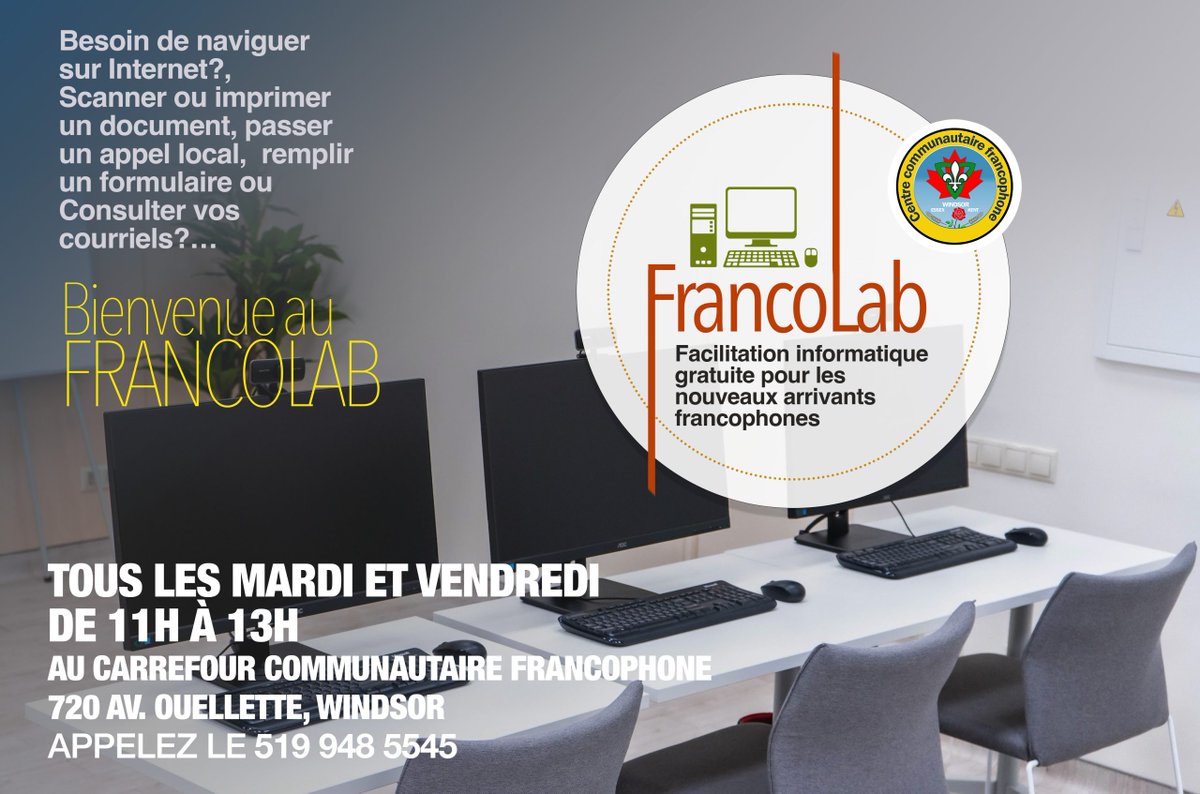 OUVERTURE DE NOTRE FRANCO LAB, A partir de ce mercredi 15 juin 2023 à 11 heures au Carrefour communautaire francophone: 720 avenue Ouellette/ Windsor. Service gratuit pour les francophones nouveaux-arrivants. Appelez le 519 948 5545