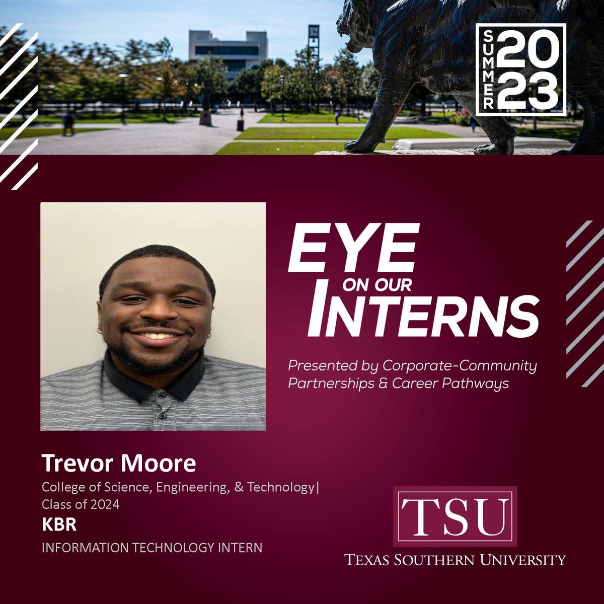 TexasSouthern's tweet photo. Trevor Moore is an Information Technology Intern at defense contractor @KBRincorporated, splitting time between cybersecurity & desktop support. A senior computer science major from Houston, Trevor is working toward becoming a data scientist. #TSUProud #TexasSouthern #TSUInterns https://t.co/cs8SA46ZAf