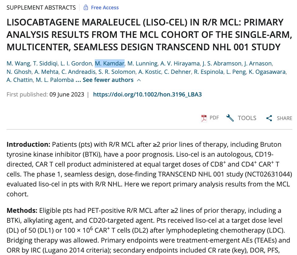 Dr. @mana1981 @CUHematology contributed to two addn'l #17ICML abstracts:
- overall survival adjusting for crossover in TRANSFORM: onlinelibrary.wiley.com/doi/10.1002/ho…
- R/R mantle cell lymphoma in TRANSCEND: onlinelibrary.wiley.com/doi/10.1002/ho…
#lymsm #celltherapy #tcellrx cc @CUCancerCenter @CUAnschutz