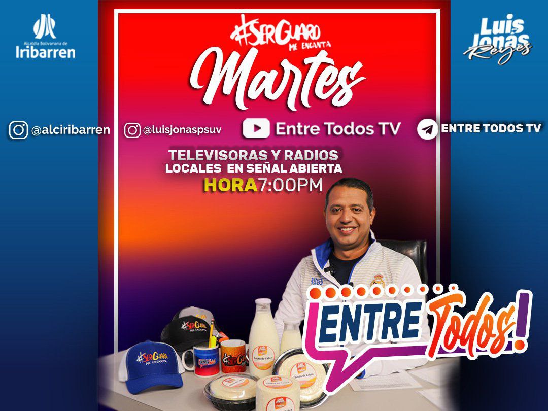 #13Jun Es Martes y los Guaros lo Saben! SINTONIZA / CONÉCTATE 📲🖥️📻📺 al programa multimedio #EntreTodos a las 7:00 pm  con Nuestro Alcalde de #Iribarren @LuisJonasReyes

Instagram #EnVivo vía @luisjonaspsuv y @Entretodostv 
No te lo pierdas!!
#VivaLaUnionDeLosPueblos