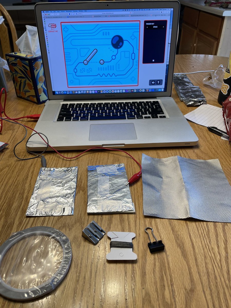 Finding out what’s conductive with @makeymakey. Opened the Craft & Code kit to find conductive thread! Excited to play with the conductive tape #possibilities #sunmerlearning @InfyFoundation @gravescolleen