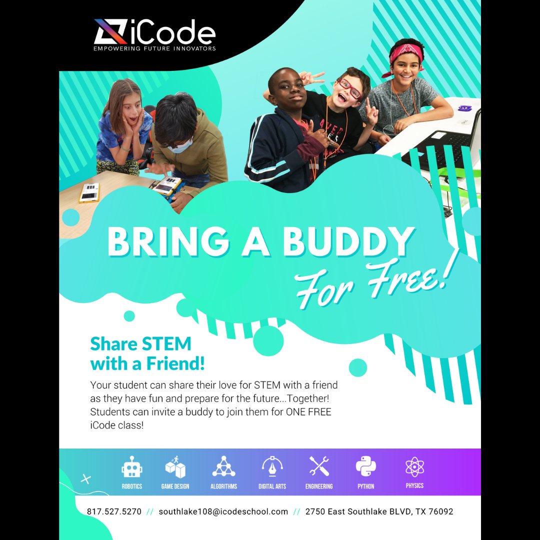 Timings Are 10:00 am till 12:00 pm or 1:00 pm till 3:00 pm
#southlakechamber #southlakestylemagazine #spring #summer #stemprogramsforkids #steam #coding #southlake #grapevine #keller #Trophyclub #roanoke #flowermound #Colleyville #Euless #dragons 
icodeschool.com/southlake108/c…