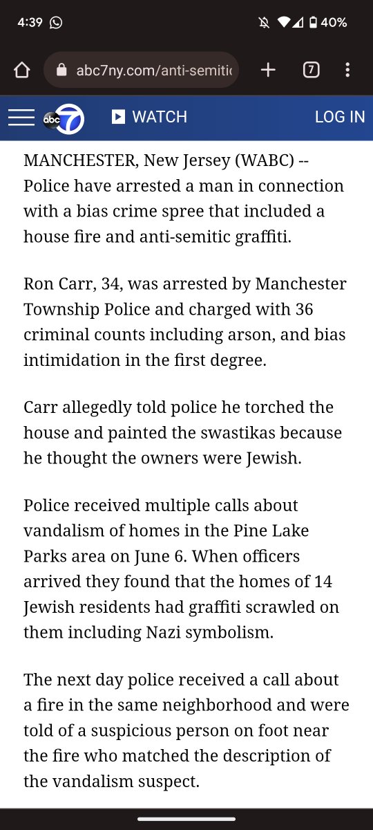 Some bonkers antisemitic vandalism and arson happened in New Jersey. How long do loud mouths on Twitter want to keep arguing that going after your Jewish neighbors because of your politics is fair game? abc7ny.com/anti-semitic-g…
