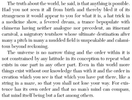 isaacfeldberg's tweet photo. It would be impossible to select a favorite passage by Cormac McCarthy, who never wrote an uninteresting sentence, but this excerpt from BLOOD MERIDIAN springs most to mind today: https://t.co/Kp3cRyn4xA