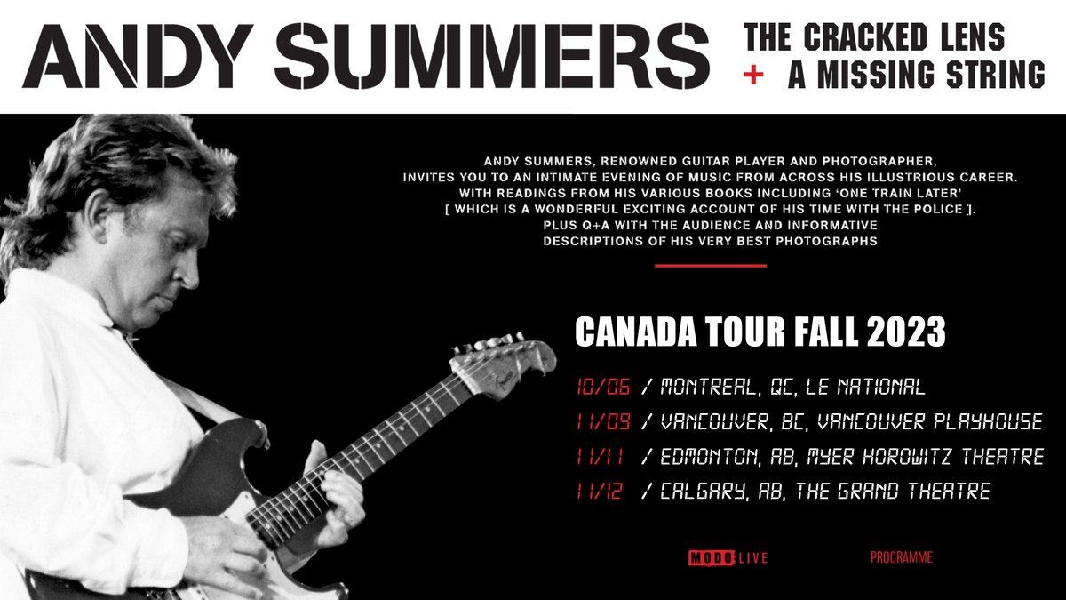 JUST ANNOUNCED: @asummersmusic brings The Cracked Lens & a Missing String tour to Canada this fall! Pre-sale starts now! (pw: xyz). Public on-sale goes live on Fri June 16th at 10am local time. ✨ 
Tickets: found.ee/ASTour 

#AndySummers #Tour #Canada