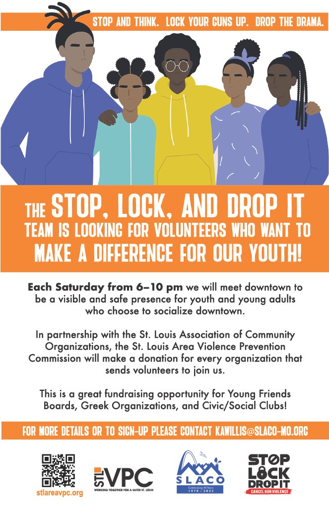In partnership w/<a href="/SLACO314/">SLACO</a>, we are looking for volunteers to meet downtown to be a visible presence for youth &amp; young adults who are socializing downtown Saturdays from 6-10. It can be a great fundraiser for your groups, club, fraternity, or sorority. Email kawillis@slaco-mo.org.