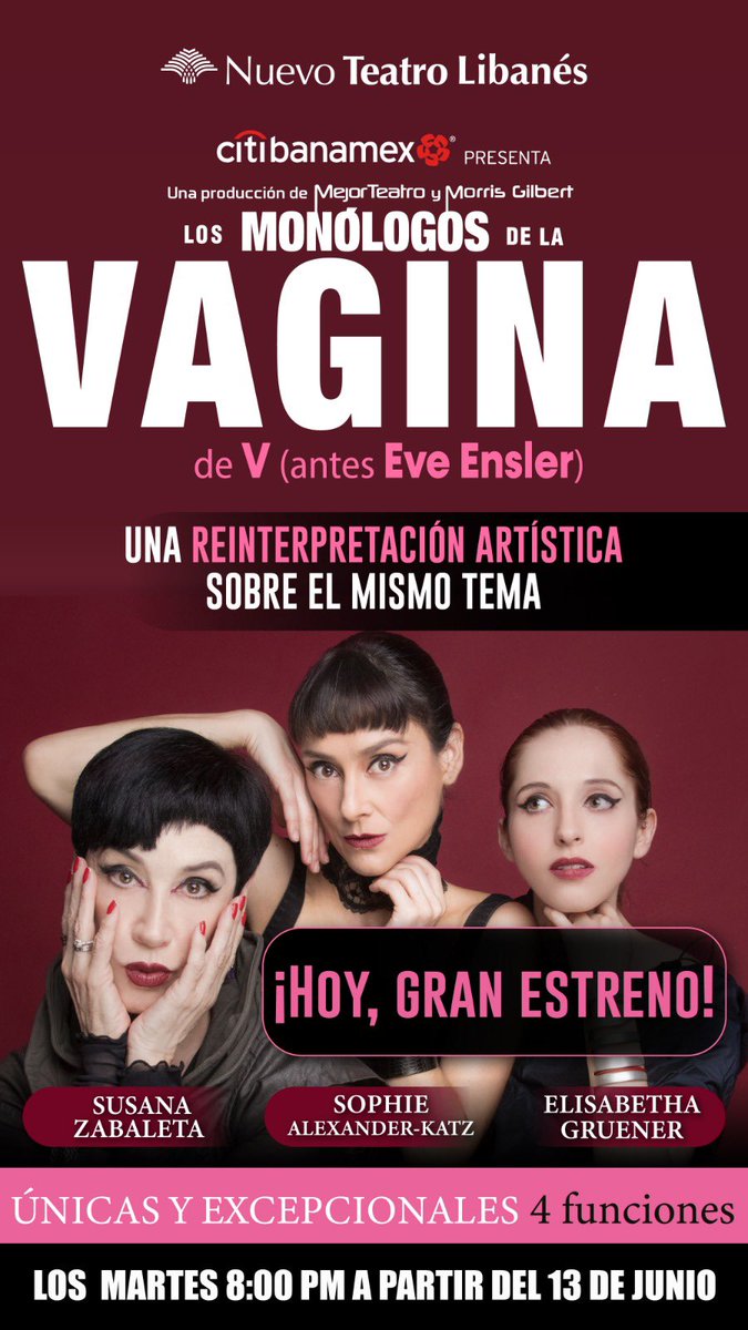 Te esperamos hoy en el gran estreno de la re interpretación artística de <a href="/MonologosVagMex/">MonólogosdelaVagina</a> bajo la dirección de @eligruenerz con la a actuaciones de <a href="/SusanaZabaleta/">Susana Zabaleta</a> y <a href="/sophiealexkatz/">Sophie AlexanderKatz</a> con únicamente 4 funciones ¡no te lo puedes perder!