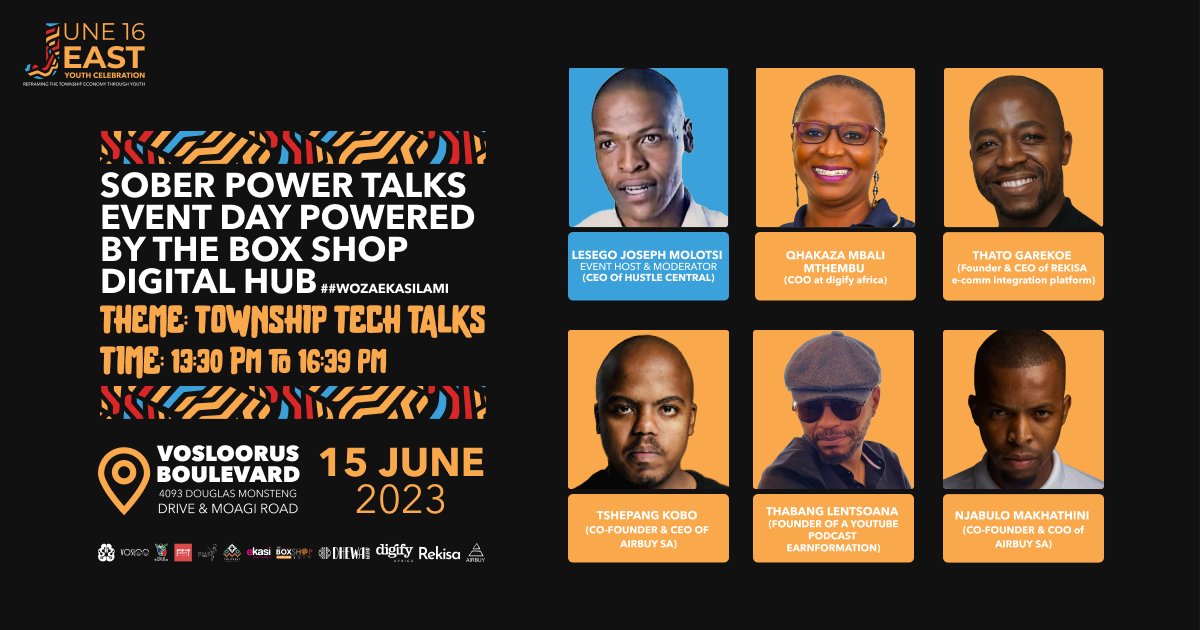 Meet our Host-Keynote Speaker and Astute Tech Entrepreneurs and Enthusiast for the #SOBERPOWERTALKS themed #TOWNSHIPTECHTALKS @june16eastyouthdaycelebrations hosted @VosloorusBoulevard on the 15 of June 2023! Don't Miss Our click the link and register:eventbrite.com/e/june16east-y…