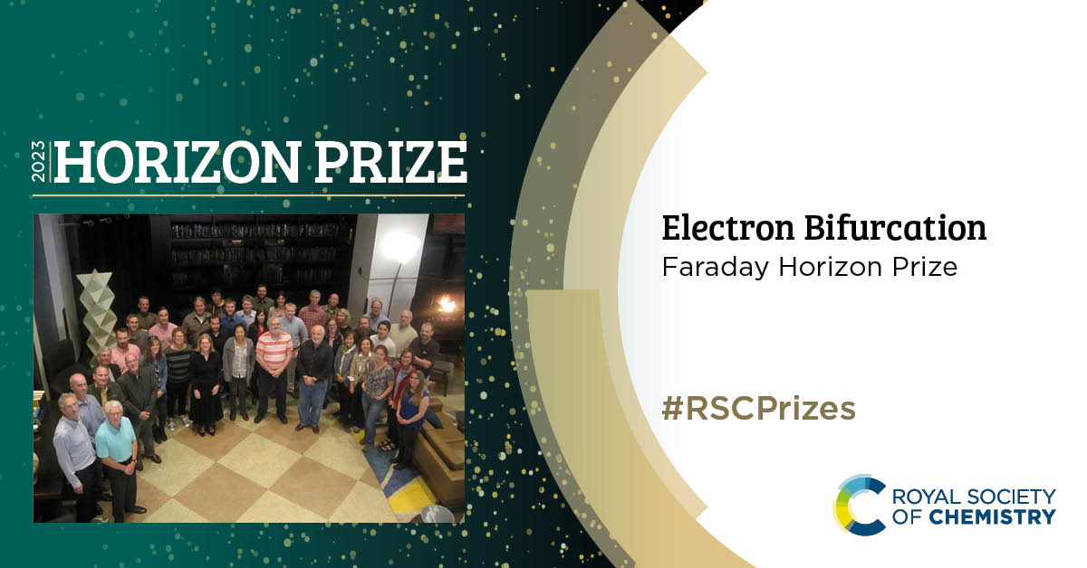 DukeTrinity's tweet image. A @DukeResearch team led by chemist David Beratan is among the group who has earned the 2023 Faraday Horizon Prize from @RoySocChem for advances in electron bifurcation - a biochemical process through which cells transform and harness energy. 🔗duke.is/jxke7 #RSCPrizes
