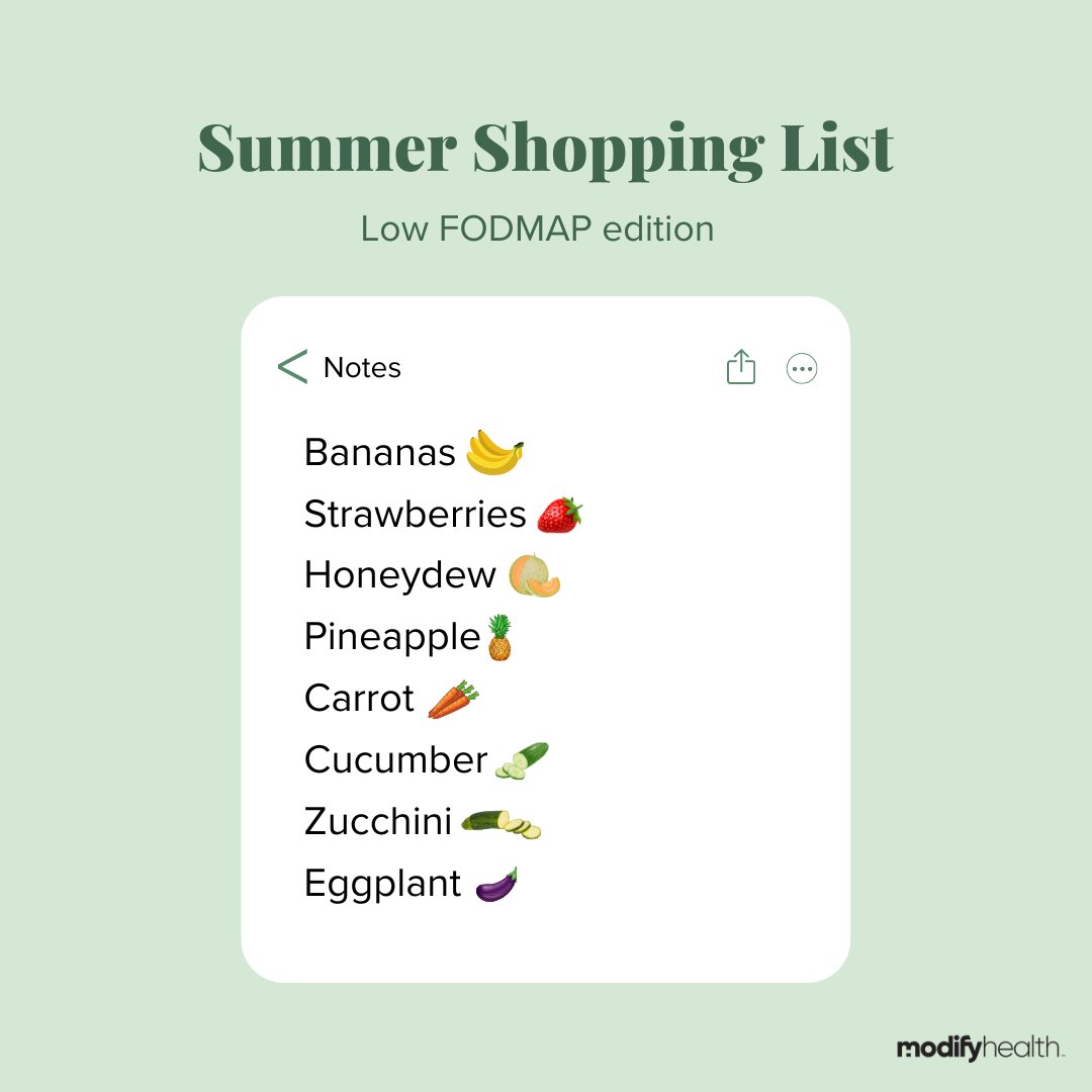 Meal prep mode activated! Next time you’re at the store, stock up on these summer Low FODMAP ingredients to make meal planning even easier! 🛒

#modifyhealth  #fiber #ibs #ibsproblems #healthyeating #feelbetter #guthealth #celiac #lowfodmap #shoppinglist #groceryshopping