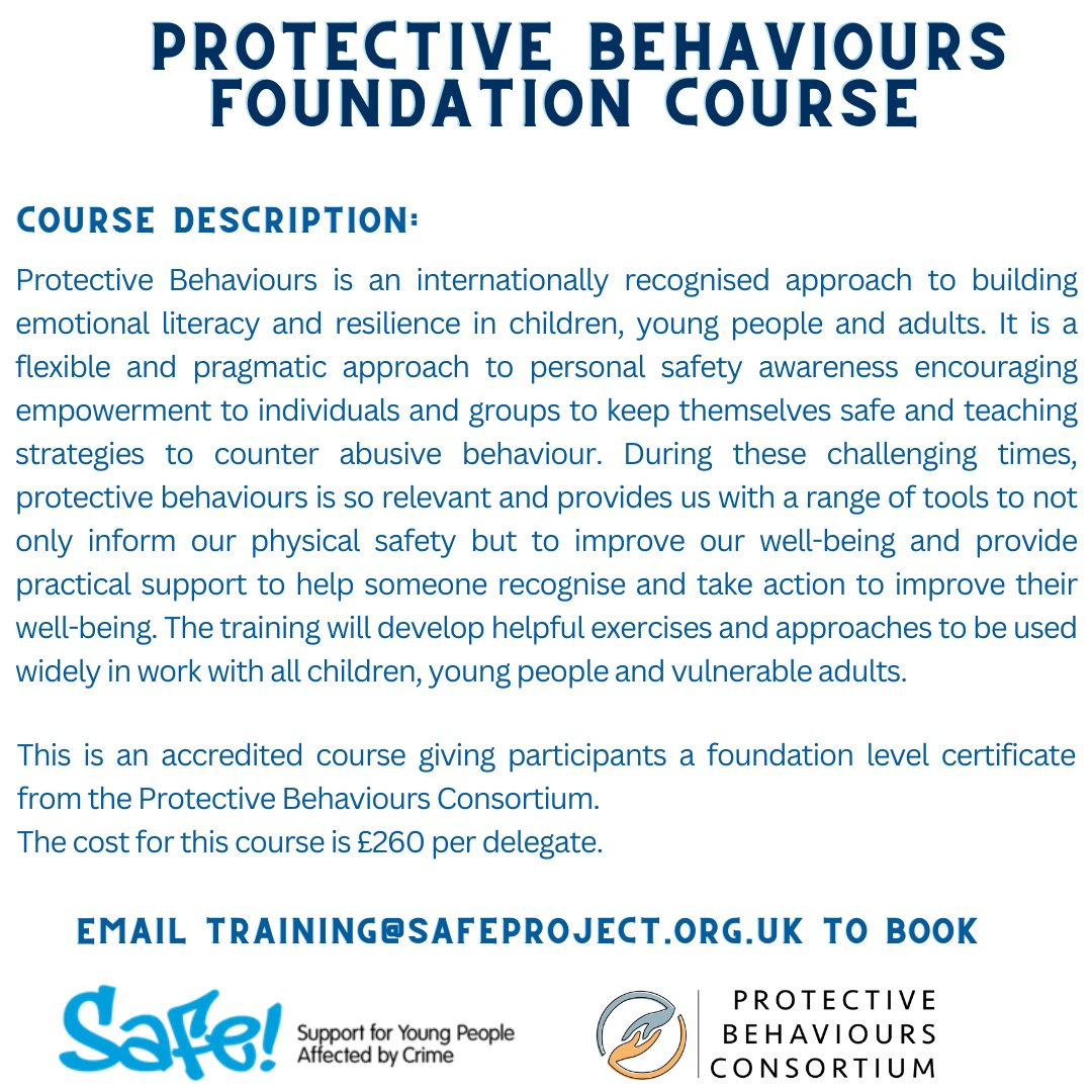 Protective Behaviours Foundation course 
12th & 13th September 10am – 4pm in Berkshire
#ProtectiveBehaviours #CPD @PBConsortium 
5/6