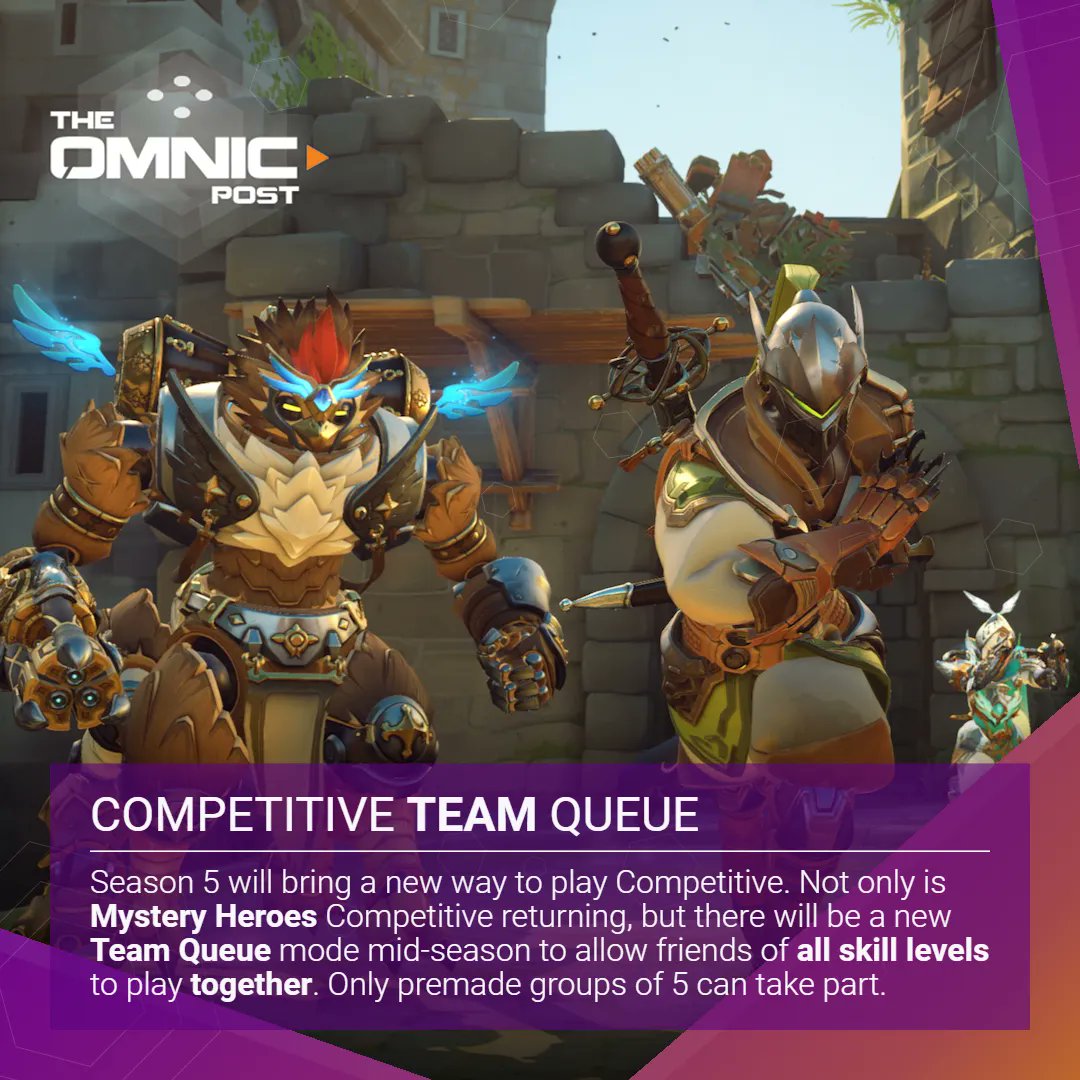 omnicpost's tweet photo. Season 5 will bring a new way to play Competitive. Not only is Mystery Heroes Competitive returning, but there will be a new Team Queue mode mid-season to allow friends of all skill levels to play together. Only premade groups of 5 can take part. #overwatch2 #competitiveoverwatch https://t.co/mCowWWoz2k
