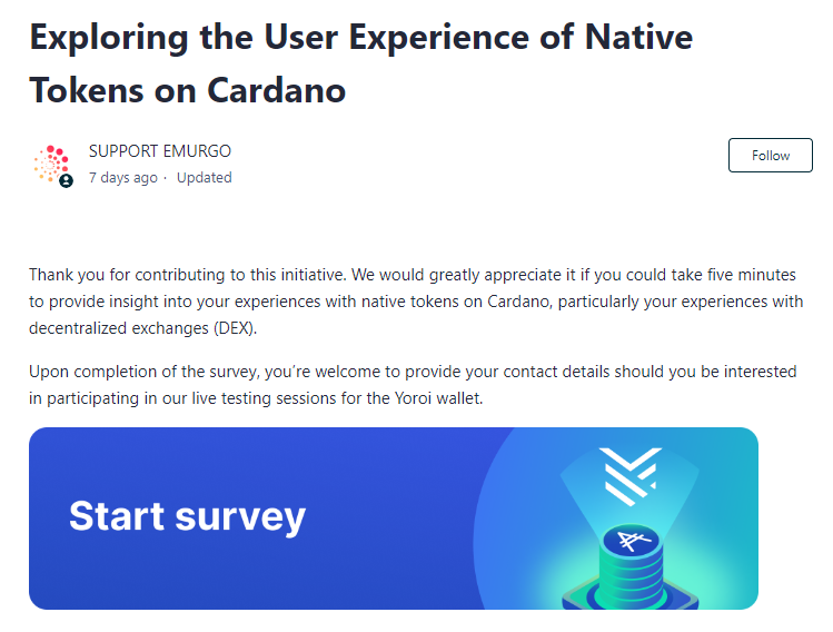 ☎️ Calling all #Cardano. We're looking for your help to provide insight into your experiences with native tokens, particularly your experiences with decentralized exchanges (DEX).

If you've used DEXes on Cardano, we'd love to hear from you!

emurgohelpdesk.zendesk.com/hc/en-us/artic…