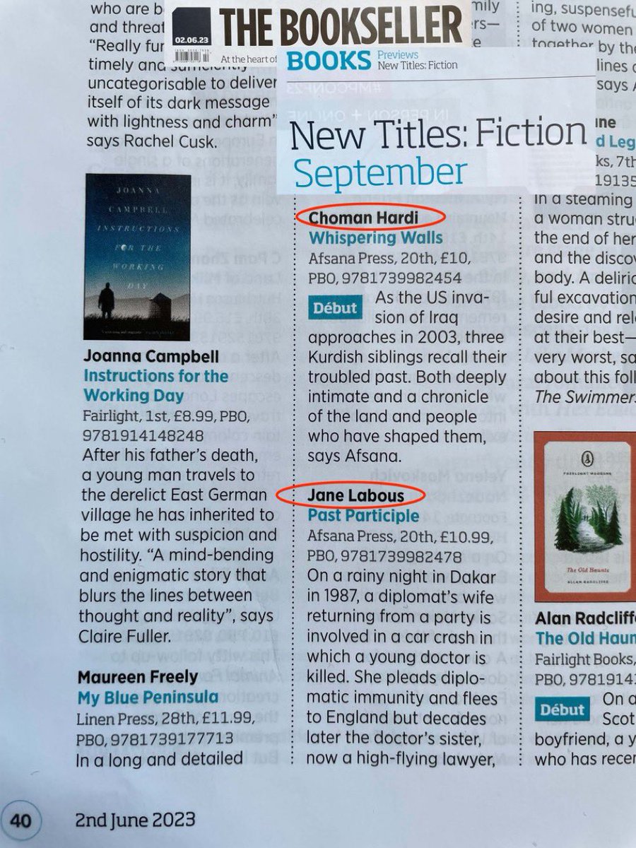 Amazing to see both our new books (Whispering Walls by Choman Hardi and Past Participle by Jane Labous) in The Bookseller magazine, under new fiction for September. Both available to order now.
@afsana_press
@chomahardi 
#WhisperingWalls #PastParticiple #BookTwitter