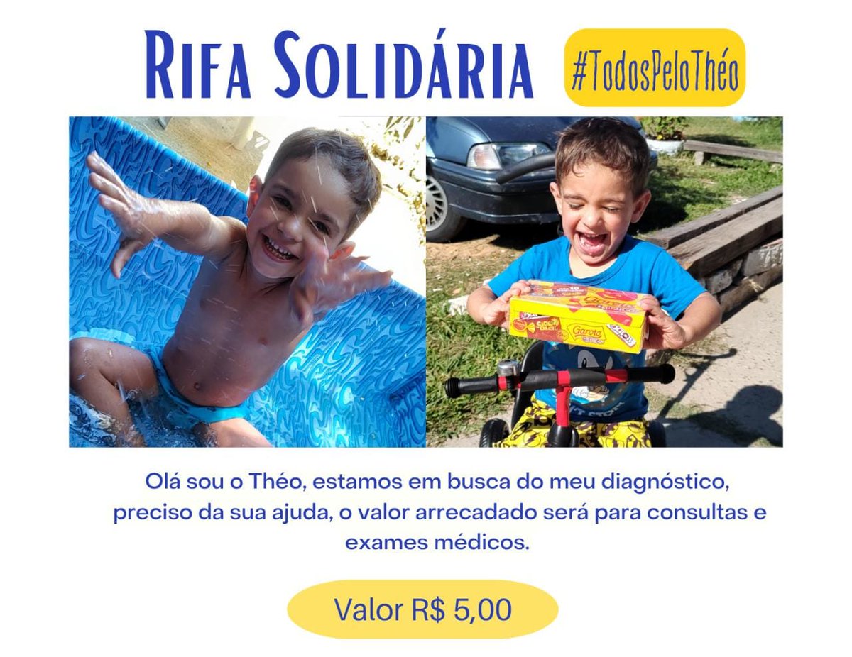 Gurizada, peço a atenção de vocês para um assunto importante. Convido a todos a participar de uma rifa em benefício do pequeno Théo que precisa de um diagnóstico. #TodosPeloThéo