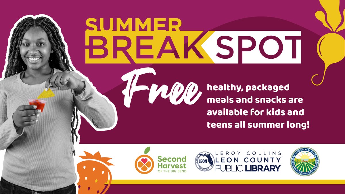 LeonCounty's tweet photo. Summer BreakSpot continues at five #LeonCountyPublicLibrary locations. All summer long, Leon County & @SecondHarvestBB are proud to offer free healthy, packaged meals & snacks to kids & teens 18 & under. No registration is required. View the schedule at https://t.co/6kcYiLByAt https://t.co/pXhBbmOs5e
