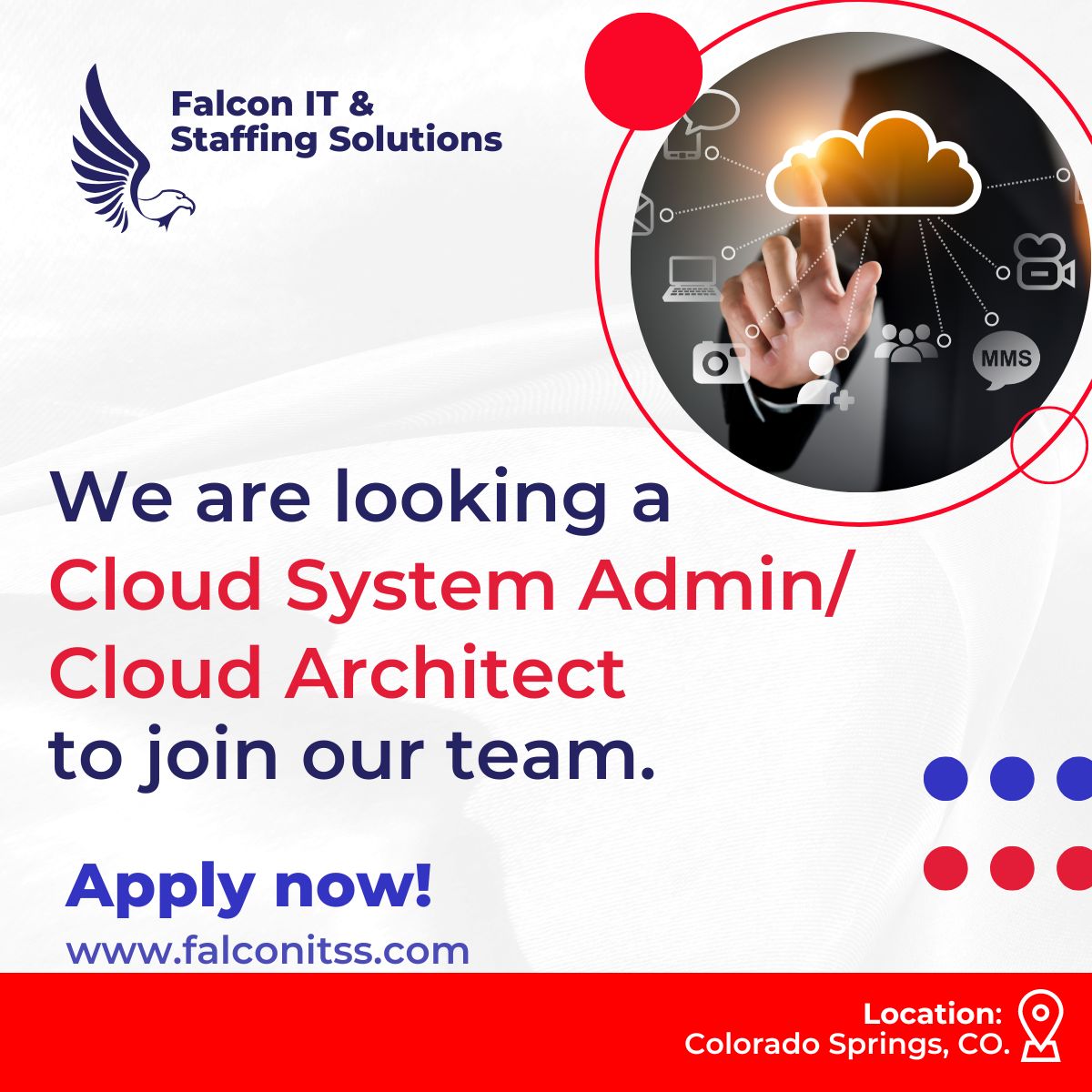 We are #HIRING a Cloud System Admin/Cloud Architect to design and implementation of a secure cloud environment.

📌APPLY here👉bit.ly/3MToZCs
📧 Or email mcohen@falconitss.com 
📍Colorado Springs, CO.

@falconitss
#cloudcomputing #cloudarchitect #techjobs