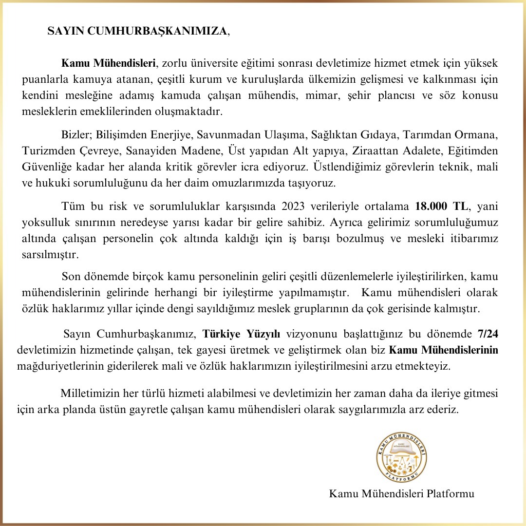 Syn cumhurbaşkanımız kamu mühendisleri 7/24 çalışan teknik hizmetler sınıfının en üst meslek grubu olmasına rağmen hakettiğimiz değeri kaybedeli yıllar oldu.Sesimizi duyun ltfn
@RTErdogan
@NumanKurtulmus
@_cevdetyilmaz
@avabdullahguler
@fahrettinaltun

#SnCBmizaKaMUhendisiMektubu