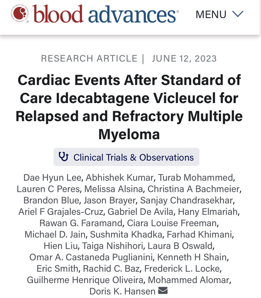 Sharing our work on cardiotoxicity after ide-cel anti BCMA CART for RRMM at @MoffittNews @MoffittResearch @USFHealth #CardioOncology 

doi.org/10.1182/blooda…