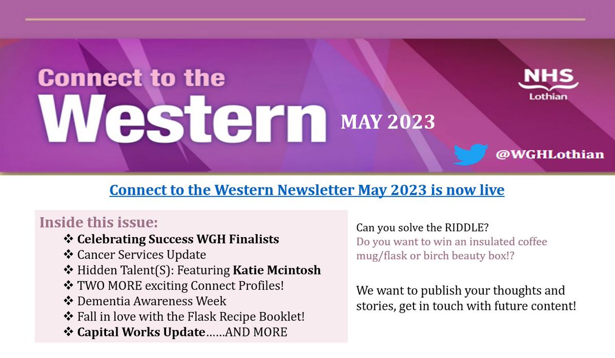 Connect to the Western May 2023 Edition is now live on the NHS Lothian Intranet.  

Featuring our Celebrating Success Finalists, as well TWO more staff profiles, and another WGH staff members hidden talent!

WGH Staff don't forget to check it out...

<a href="/WghLothian/">WGH Connect</a>
#CTTW