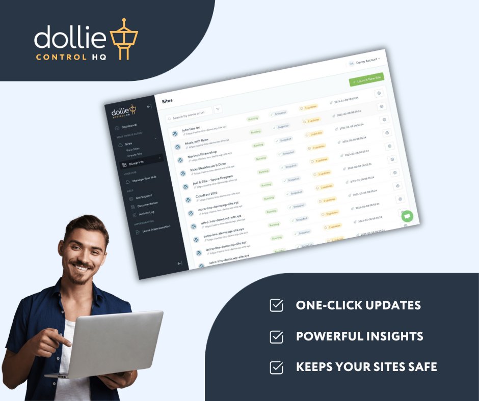 BoweFrankema's tweet photo. Sadly had to miss #WCEU but super proud to finally Dollie Control HQ https://t.co/0Y7eMm3cCb. 
This has been a year in the making for our team. This is not just WP Site Management like you're used to. Control HQ is the foundation for launching your Agency, SaaS/WaaS platform. 
🧵 https://t.co/w1NAUB7iVs