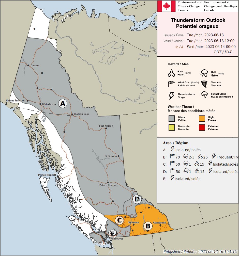 Updated thunderstorm outlook for 13 Jun 2023. Severe thunderstorms are possible for the #Kootenays, #Revelstoke, #GoldenBC, #Okanagan, #Lillooet, and #AshcroftBC with heavy downpours and hail. Be sky aware. #BCStorm ow.ly/sGeh50ONbTF