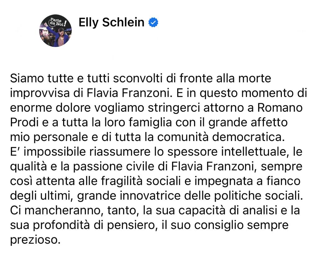 Partito Democratico 🇮🇹 🇪🇺 (@pdnetwork) on Twitter photo Tutta la comunità democratica si stringe attorno a Romano Prodi e alla sua famiglia per la tragica scomparsa di Flavia Franzoni
<a href="/ellyesse/">Elly Schlein</a> Tutta la comunità democratica si stringe attorno a Romano Prodi e alla sua famiglia per la tragica scomparsa di Flavia Franzoni
<a href="/ellyesse/">Elly Schlein</a>