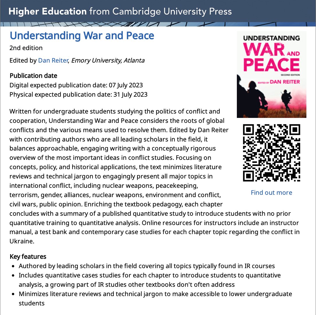 Teaching undergrad IR on war and peace? Dani Reiter has you covered with this new textbook, with contributions from leading scholars incl. @jessicalpweeks @mchorowitz @ProfPaulPoast @pbkpotter @kcbeardsley @sekreps & twitterless Kathleen Cunningham, Val Hudson, Chris Gelpi.