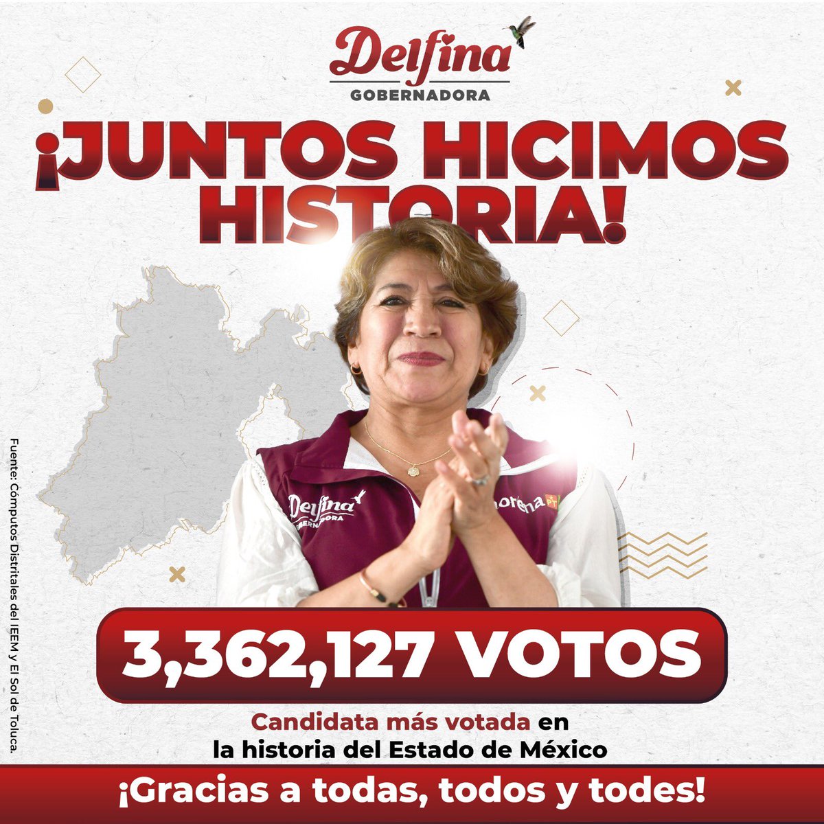 Amor con amor se paga. Millones de mexiquenses depositaron su confianza en nuestro proyecto y vamos a trabajar para cumplirles. ¡No les vamos a fallar! #DelfinaGobernadora #GanóElCambio