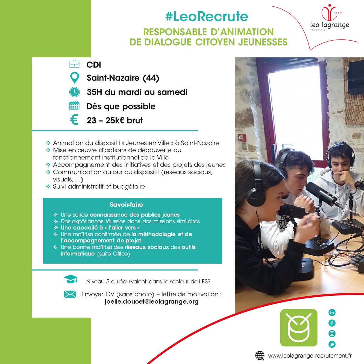 LL_Ouest's tweet photo. [#ONRECRUTE]
Nous recherchons un.e #Responsable d'animation en #CDI pour le dispositif Jeunes en Ville, à Saint-Nazaire ! Intéressé.e ? 📷
#emploi #animation #réseaux #jeunesse #jeunesenville #stnazaire @LeoLagrange 

👉Retrouvez l'annonce ici 📷 https://t.co/nr4aH3Hdmw https://t.co/KzNv3Fx0Cl