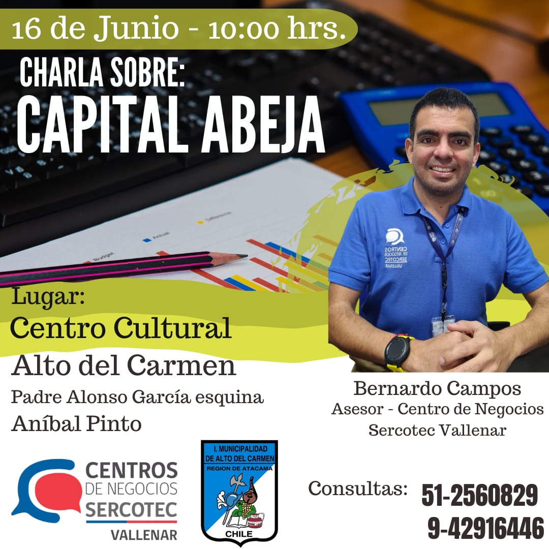 turismoadc's tweet photo. Este viernes 16 de junio a las 10:00 horas, el #CentrodeNegocios #SERCOTEC de #Vallenar realizará una charla sobre #CapitalAbeja en el Centro Cultural de #AltodelCarmen.
Consultas:
512560829
942916446 https://t.co/ZSYMdgVoYj