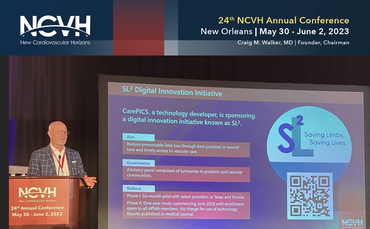 CarePICSApp's tweet image. That&apos;s CarePICS Chief Medical Officer, Dr. Christopher Kent Bromley, announcing the launch of SL² at last week&apos;s New Cardiovascular Horizons Annual Conference. 

The #digitalinnovation initiative is now open to all members of @APMA.

Saving Limbs. Saving Lives.