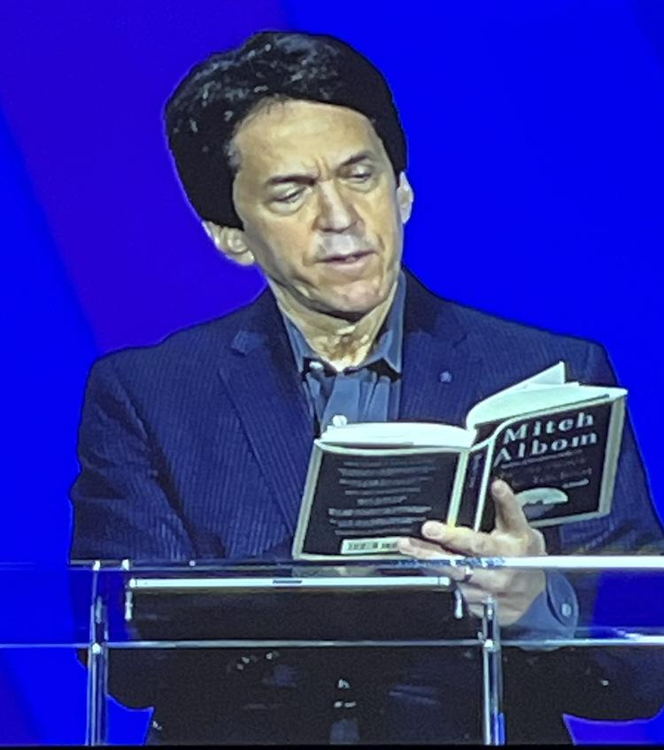 Mitch Albom <a href="/MitchAlbom/">𝐌𝐢𝐭𝐜𝐡 𝐀𝐥𝐛𝐨𝐦</a> talking about one of his greatest learning lessons from "Tuesdays with Morrie:" "Giving makes me feel like I’m living"...and shamelessly playing and citing the Beatles, because, the Beatles. #SHRM23